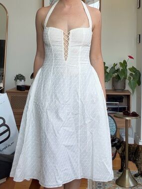 Mirror Palais White Halter Lace-Up Midi Sundress